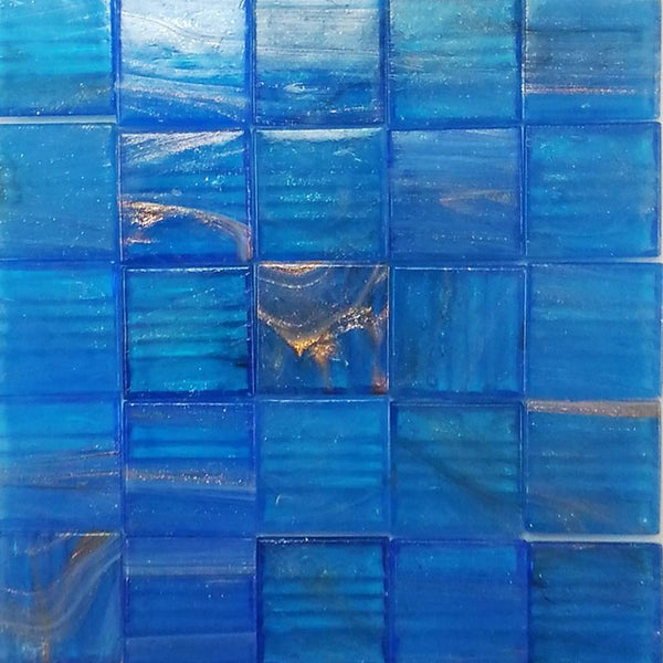 Vitreous glass mosaic tiles, 20x20 mm, Semi-translucent Lake blue with streaked gold leaf