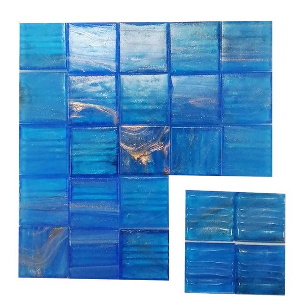 Vitreous glass mosaic tiles, 20x20 mm, Semi-translucent Lake blue with streaked gold leaf